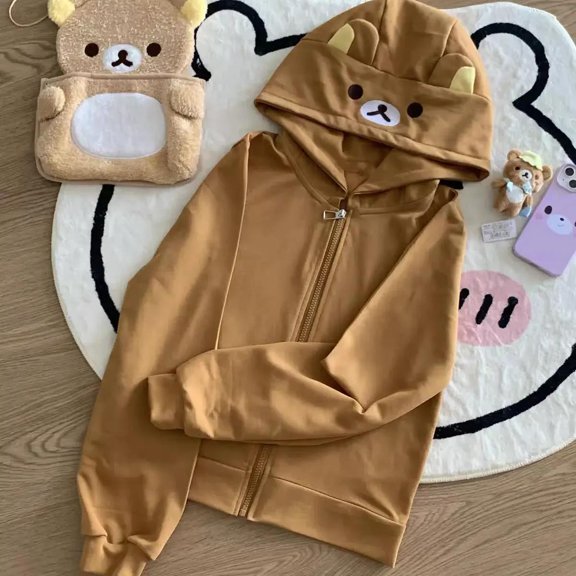 Y2k Harajuku Streetwear Hoodies Women Japanese Style Kawaii Sweet Cute Cartoon Print Zipper Sweatshirt Soft Girl 2025 Jacket Womenswear Casual Tops Brown Long Sleeve Pullover Winter Outerwear