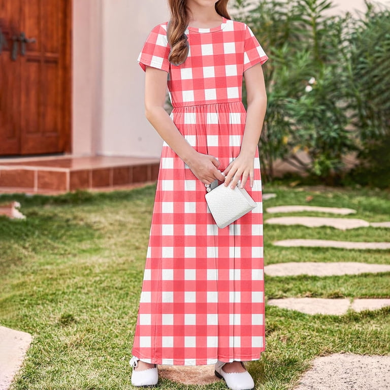 Deholifer Girl Long Maxi Dress Crewneck Plaid Printed Short Sleeve Elastic Waist Holiday Casual Dresses for Girls with Pockets,5 Years