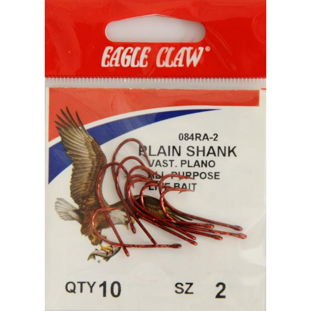 Eagle Claw 084RAH2 Plain Shank Offset Hook, Red, Size 2, 10 Pack