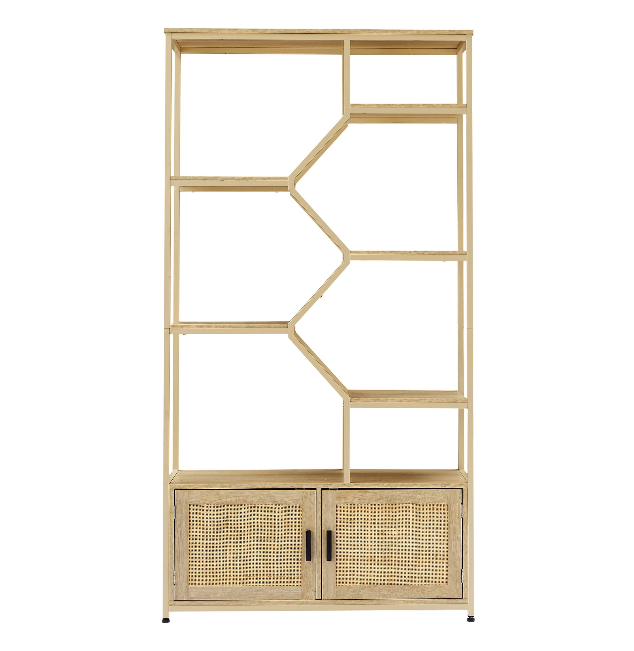 Porkiss Rattan 5-Tiers Storage Bookcases with Doors, Natural Finish