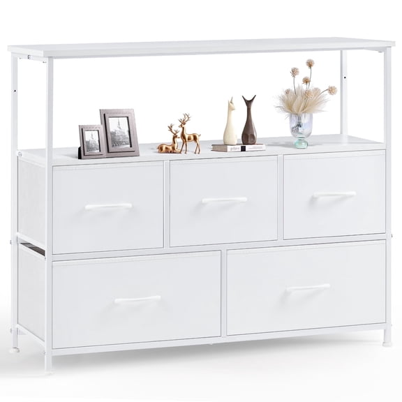CONCETTA Dresser for Bedroom TV Stand with Storage Entertainment Center Dresser with 5 Fabric Drawers with Open Storage Shelf for Bedroom Living Room Hallway, White