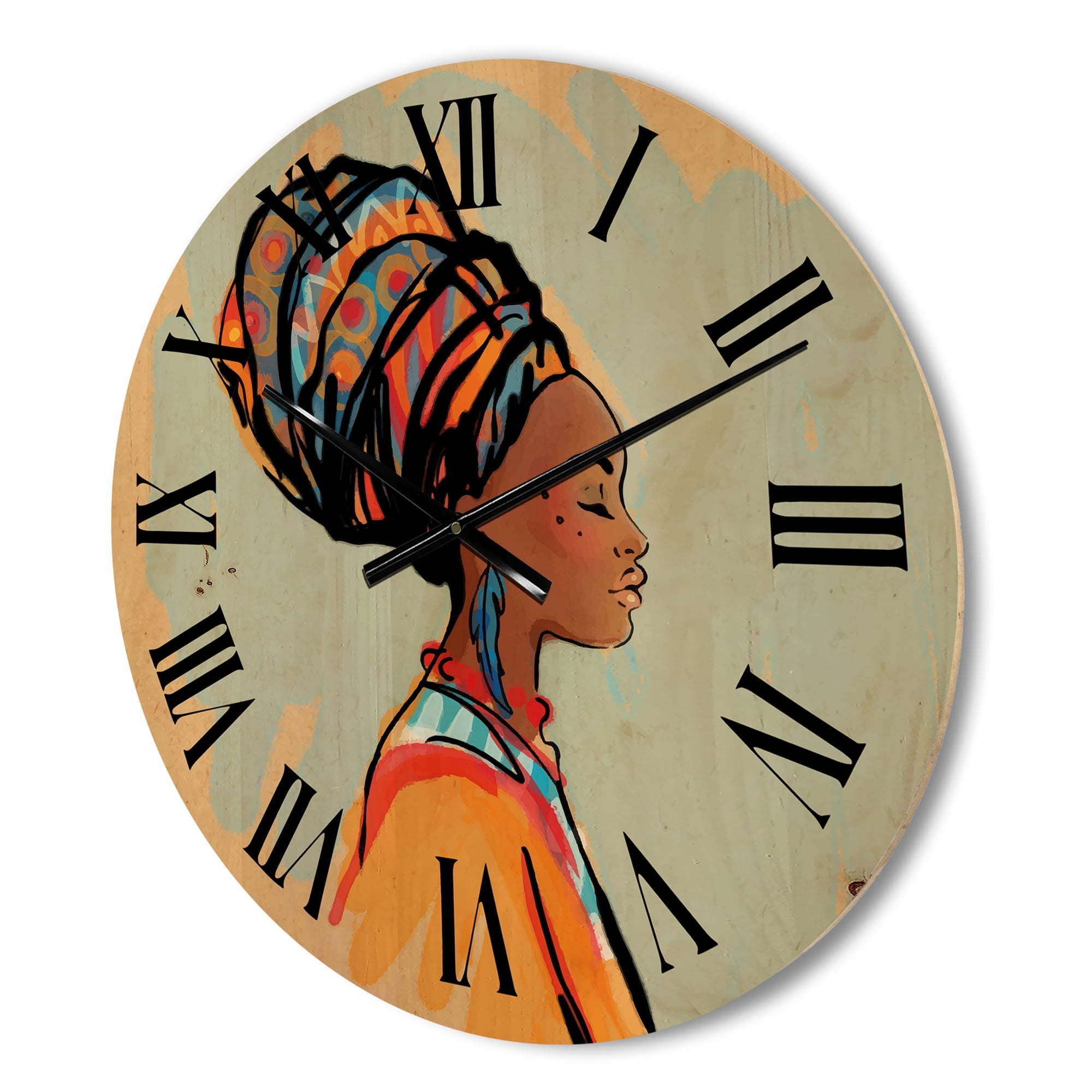 Designart 'Portrait of African American Woman With Turban III' Modern Wood Wall Clock
