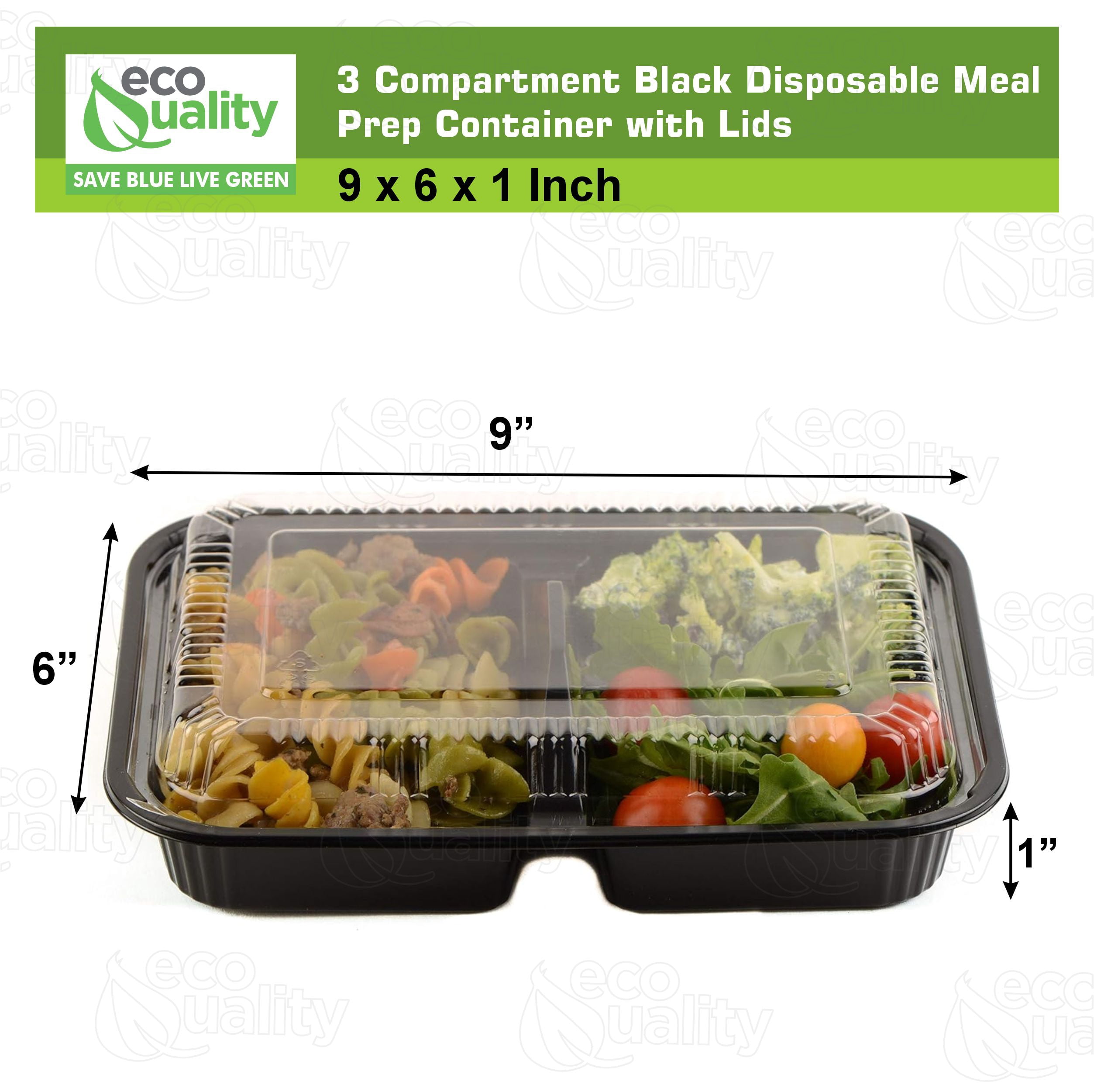 EcoQuality [45 Pack] 3 Compartment Black Disposable Container with Lids, Meal Prep Container, Food Storage Bento Box, Disposable, Stir Fry | Lunch Boxes | BPA Free
