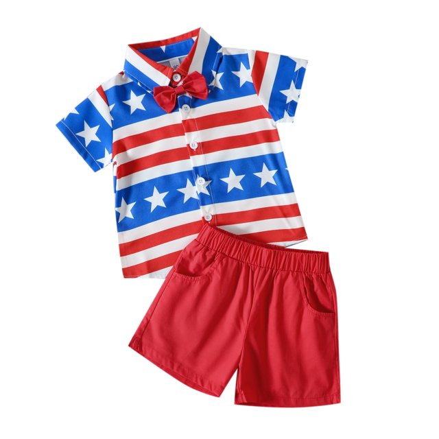 Ensemble d'Été pour Bébé Garçon, Chemise à Manches Courtes, Imprimé Étoile Rayée, 4 Juillet, 3-4 Ans