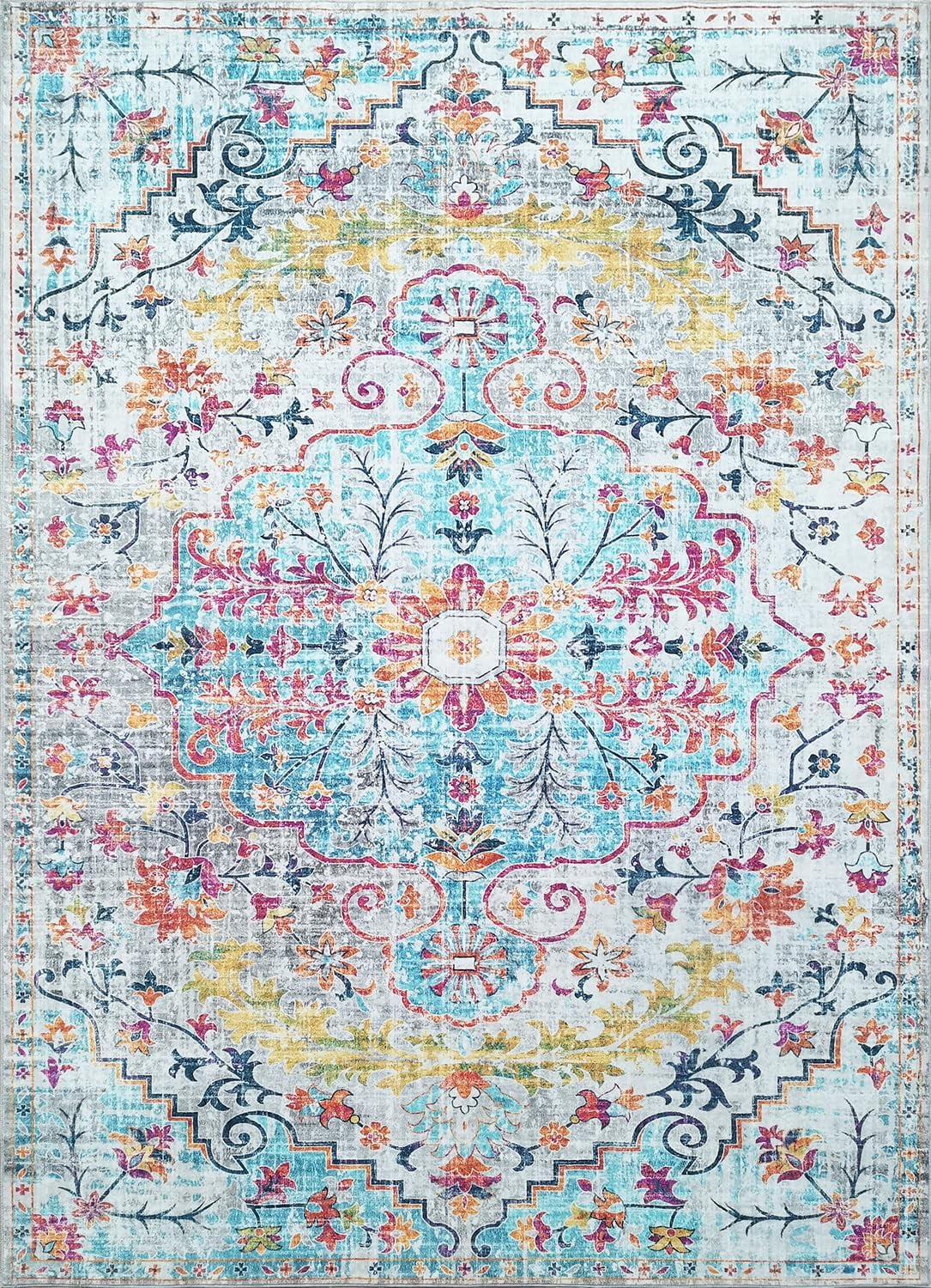 Mandala 8x10 Rug – Ultra-Soft, Non-Shedding Area Rug for Living Room, Office and Bedroom | Boho Accent Machine Washable Rug – Aqua & Multi Color