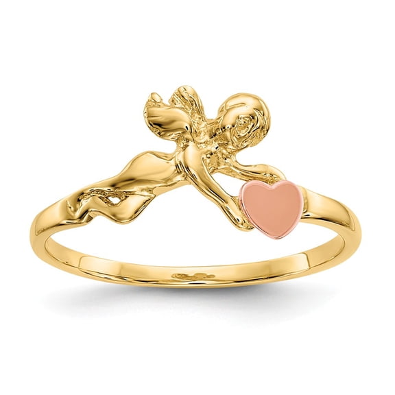 14K Two-Tone Gold Ring Band Themed Angel & Satin Heart