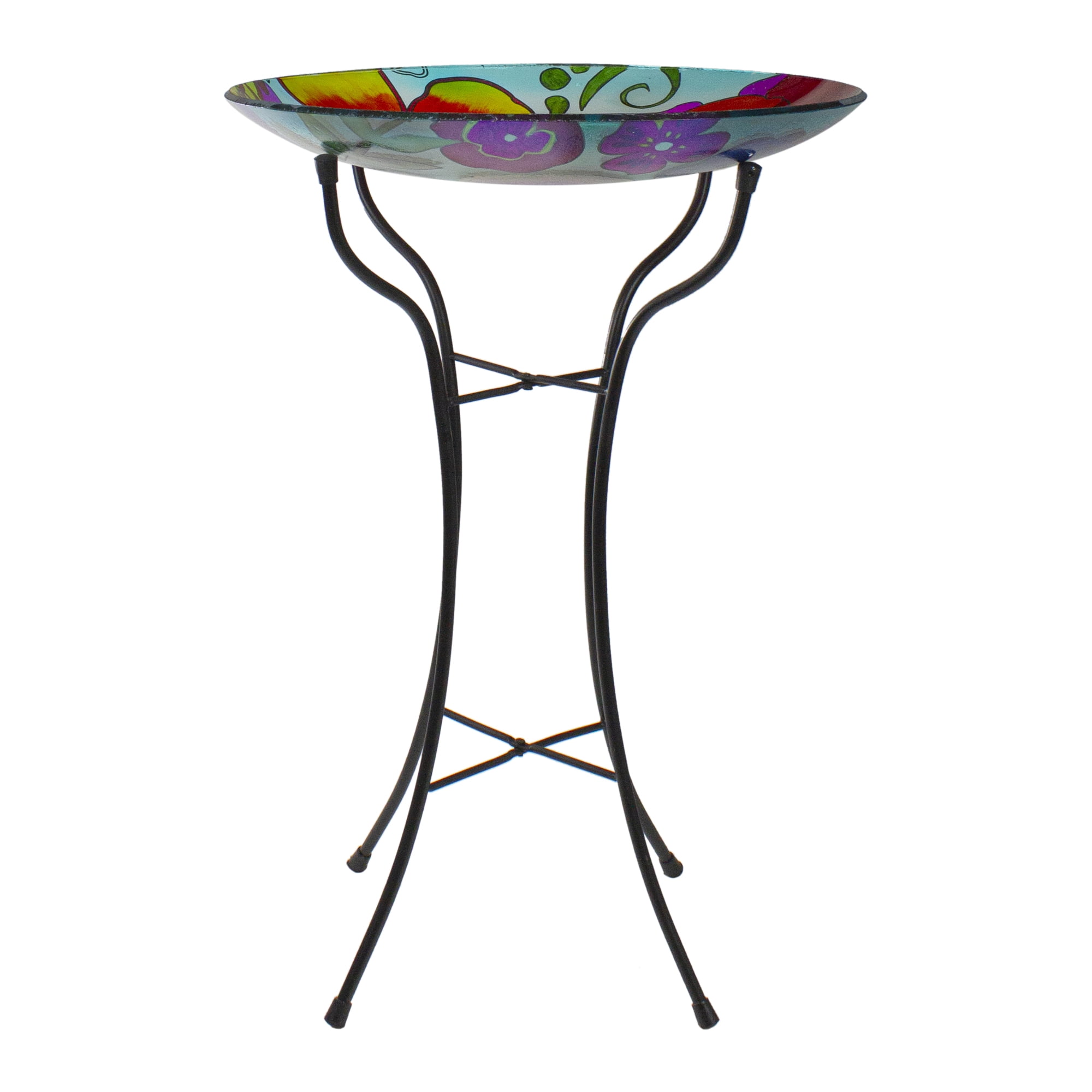 Northlight Portable Freestanding Glass Bird Bath Basin with Black Collapsible Metal Stand, Floral and Garden Style