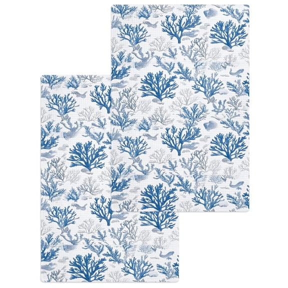 Coastal Coral Hand Towels Set,Waffle Weave Kitchen Towels 2 Pieces,Blue Grey Ocean Marine Plant Summer Fish Microfiber Hair Face Bath Tea Towel Absorbent Quick Drying Cleaning Dish Cloths,15.7"x23.6"