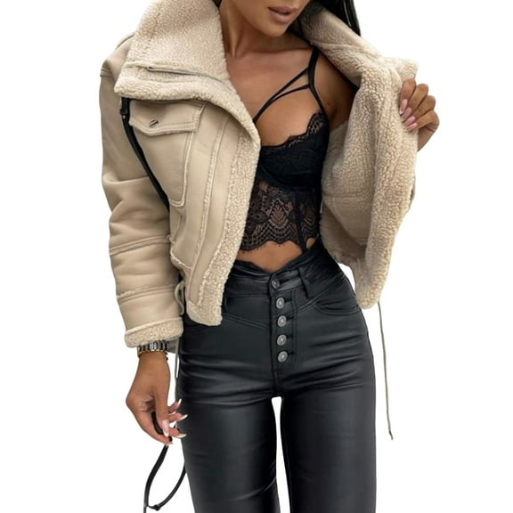 Lambswool Cropped Jacket Women Oversized Motorcycle Coats Fall Fashion Outfits Winter Clothes Beige S