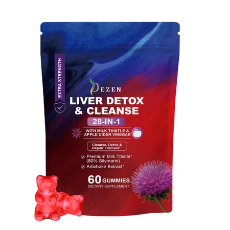 DEZEN Extra Strength Liver Detox Cleanse Gummies 28-in-1 with Milk Thistle & Apple Cider Vinegar, Dandelion root, 60 Count Each Premium Dietary Healthcare Supplement