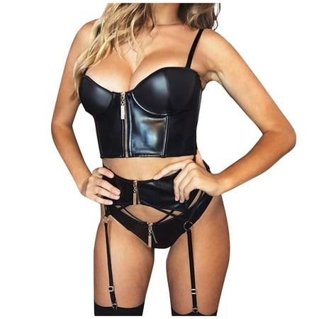 

BIZIZA Women Bra and Panty Set3 Piece Leather Push Up Sexy with Garter Belt Womens Lingerie Sets Black XL