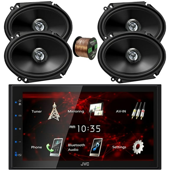JVC Double DIN In-Dash 6.8" Touchscreen Bluetooth USB Digital Multimedia Car Radio Receiver, 4x 6x8" 300 Watt Max Power 2-Way Automotive Audio Speakers, 16 Gauge 50 ft Speaker Wire