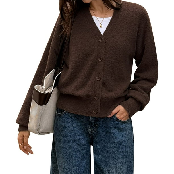 Suéter de Mujer con Cuello en V, Estilo Casual, , con Botones, Larga, Tipo Cárdigan, Color Liso, Ideal para Otoño e Invierno Marrón XL