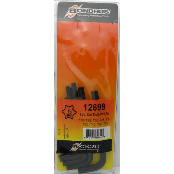 Torx®/Star Tip Short Arm L-Wrench Set, 9pcs T10 to T50, Protanium® High Torque Steel With Proguard™ Finish, Comes In Plastic Pouch - Bondhus® USA
