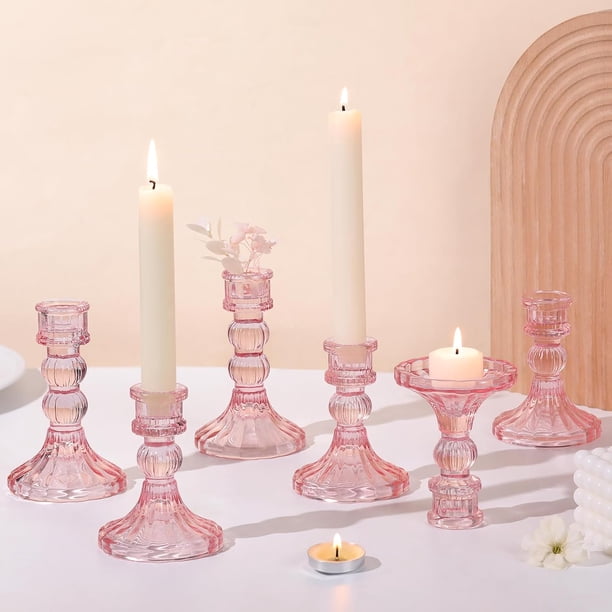 Juego de 6 portavelas rosas, 4 pulgadas de alto y 5 pulgadas de alto, portavelas cónicos a granel, portavelas de vidrio para bodas, festivales, fiestas, centros de mesa, regalos