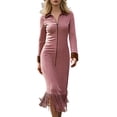 thumbnail image 2 of Women's Dress Long Sleeve Solid Color Western Suede Fringe Slim Fit Boho Chic Midi Dress for Spring Fall Casual,Pink,2XL, 2 of 5