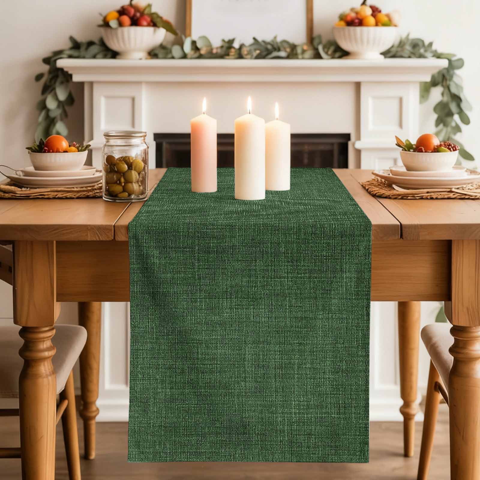 Dark Green Burlap Texture Table Runner, Farmhouse Vintage Green Washable Cotton Linen Table Runners 72 Inches Long, Dresser Scarf Runner for Dining/Coffee/Kitchen/TV Stands/Cabinets 13''x72''