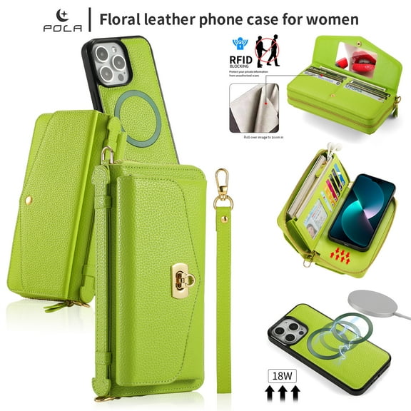DeCase Crossbody Zipper Wallet Case for iPhone 15 Pro Max, Full Body Protectton Multifunction Purse Credit Card Holder，RFID Blocking Handbag PU Leather Shockproof Protective Cover, green