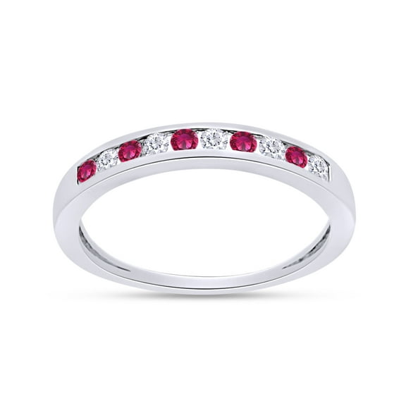 Round Cut Simulated Ruby And White Natural Diamond Stackable Wedding Band Ring In 14K White Gold Over Sterling Silver (Clarity : I2-I3,Color : I-J, 0.28 Cttw) Ring Size-6.5