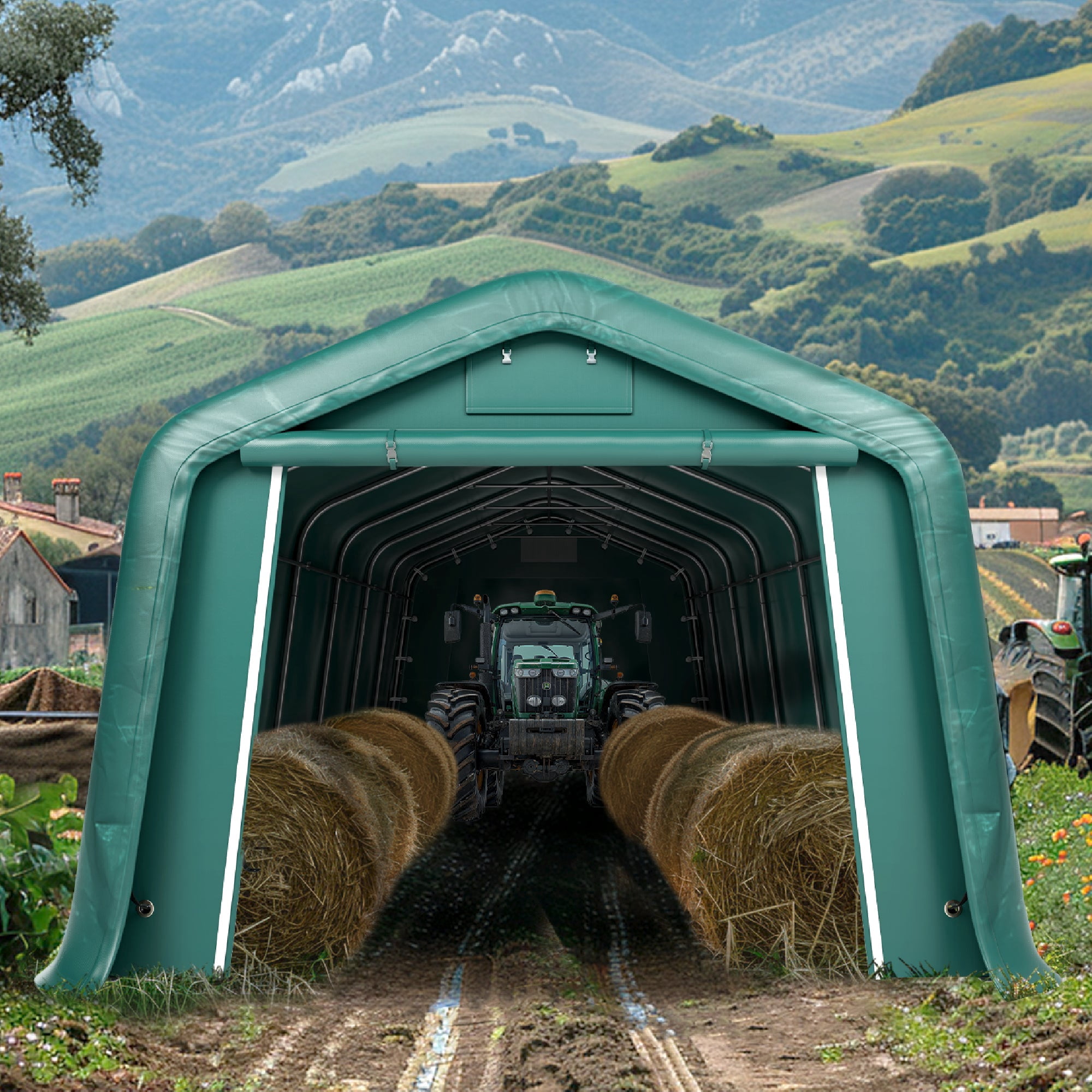 11 x 28 x 8.4 FT Green Outdoor Portable Storage Shed, Steel Peak Style Canopy Carport, All-Weather Agricultural Outdoor Storage Shelter Tent
