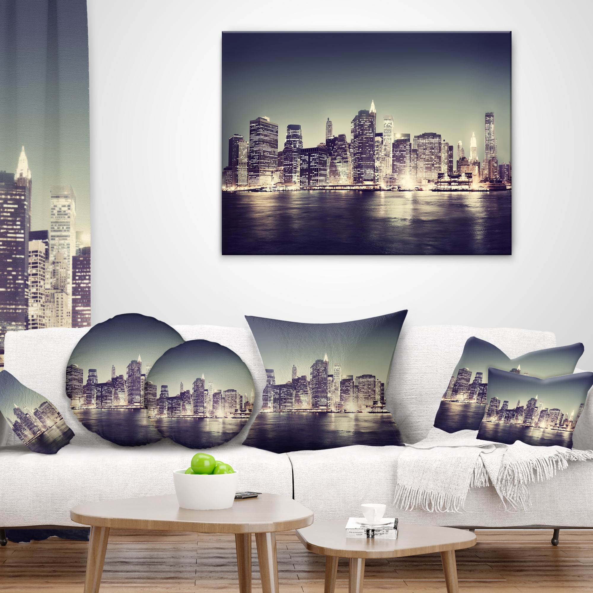 Designart Black and White NYC Night Panorama - Throw Pillow - 18x18