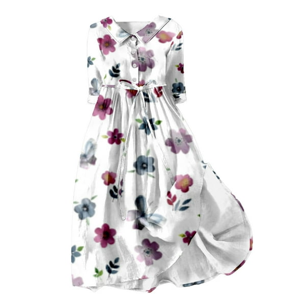 TSADFHJI Skirts for Girls 12-14 Years Old Ladies' Fashionable V Neck Seven Quarter Sleeved Skirt with Floral Pattern Mid to Long Length Lapel Shirt Skirt Casual Skirt Xxl White