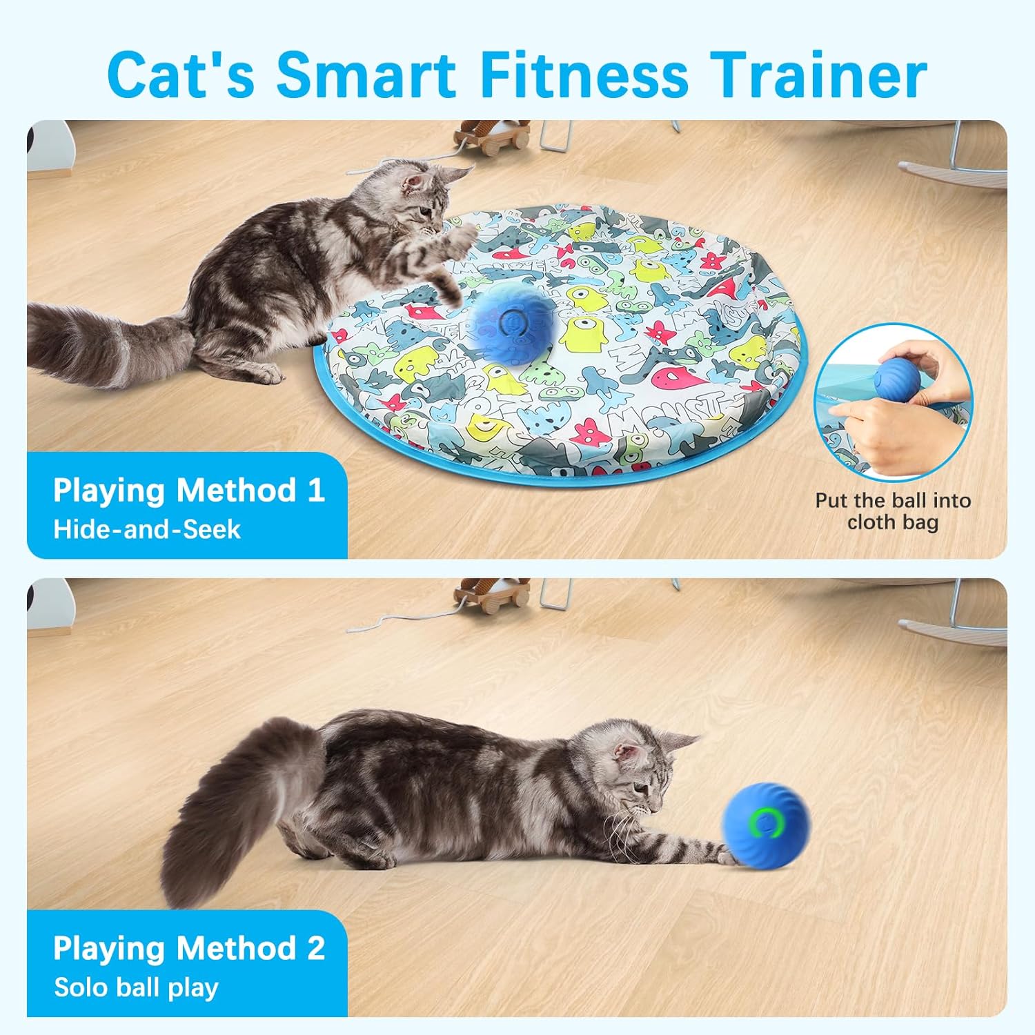 Interactive Cat Toys, Cat Toys Ball Fast Rolling in Pouch, Automatic Motion Activated Moving Ball Hide and Seek Game for Indoor Exercise Kicker