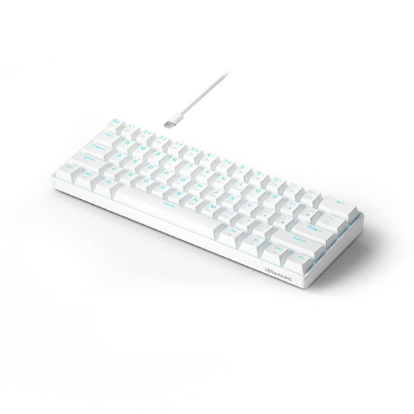 iBlancod 61-Key Hot Swappable Mechanical Gaming Keyboard with Blue Switches, Dual Mode Wired/Bluetooth 5.0, 19 Powder Blue RGB Backlights, Detachable Type-C Cable, N-Key Rollover, 2500mAh Battery,