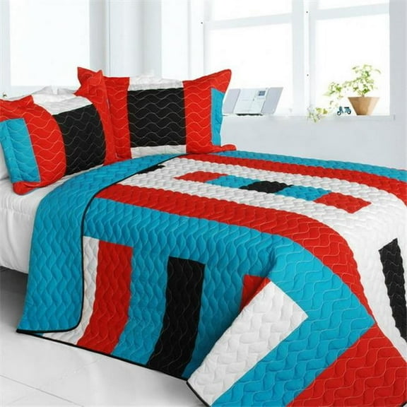 Vital Vibrations - Vermicelli-Quilted Patchwork Geometric Quilt Set  Full & Queen  Red
