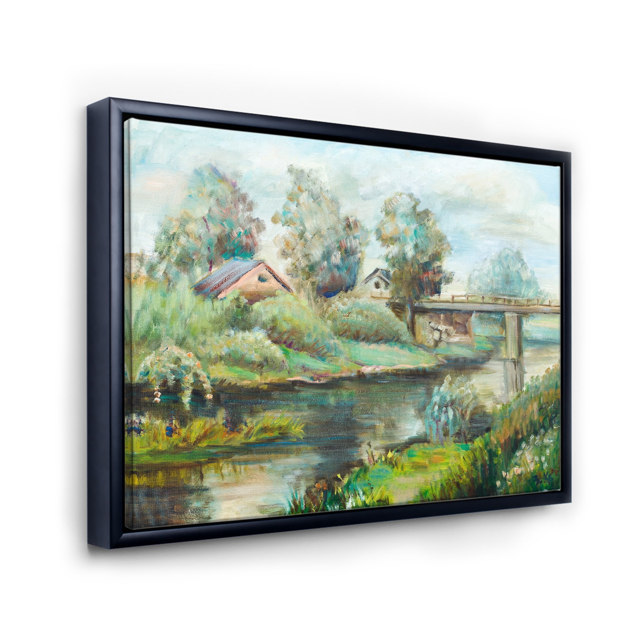 Designart 'Rustic Landscape With Bridge On The River' Lake House Framed Canvas Wall Art Print