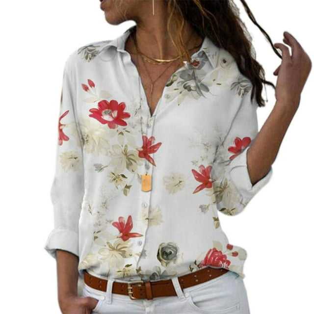 Femmes Revers Manches Longues Blouse Filles Motif Floral en Vrac Style Tops Chemise