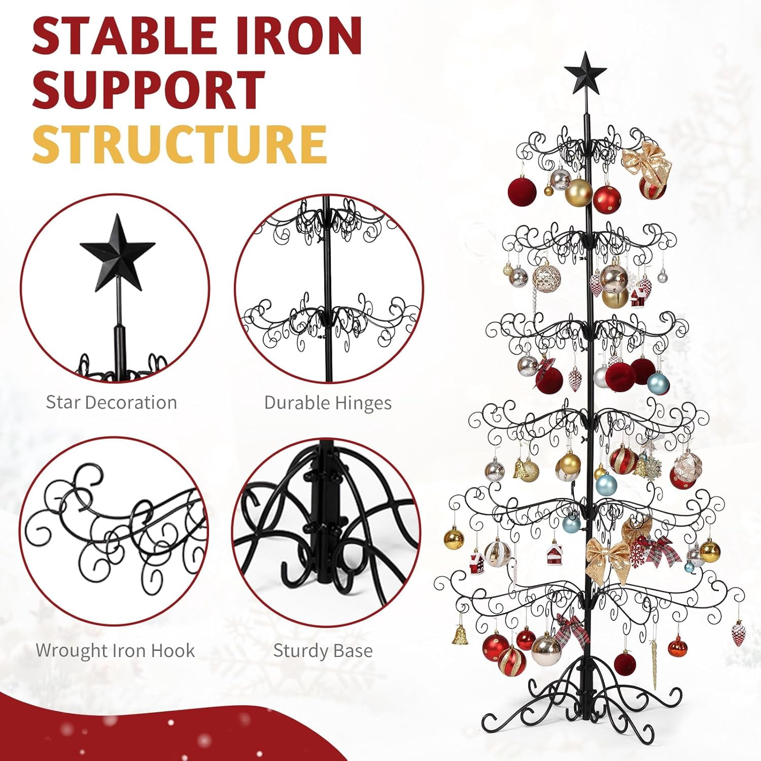 Metal Ornament Display Tree Stand, 6ft Wrought Iron Christmas Tree for Halloween Christmas Balls Bauble Decorations Gift Craft(Black)