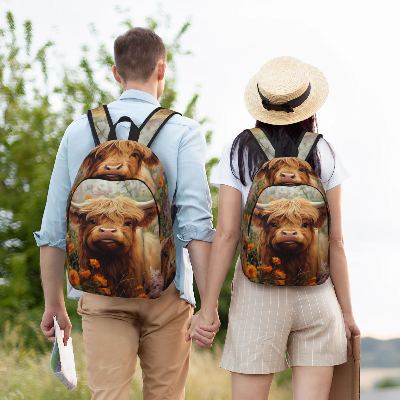 Vsdgher Cute Floral Cow Print Canvas Backpack Travel Rucksack Unisex Knapsack 15.7/17.7Inch Laptop Backpack for Work,College -Small