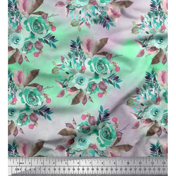 Soimoi Green Cotton Duck Fabric Leaves & Alba Rose Floral Print Fabric by the Yard 44 Inch Wide