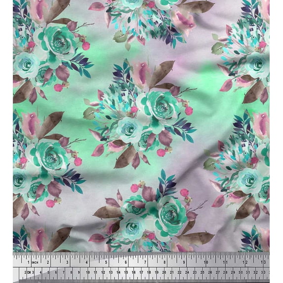Soimoi Green Cotton Duck Fabric Leaves & Alba Rose Floral Print Fabric by the Yard 44 Inch Wide