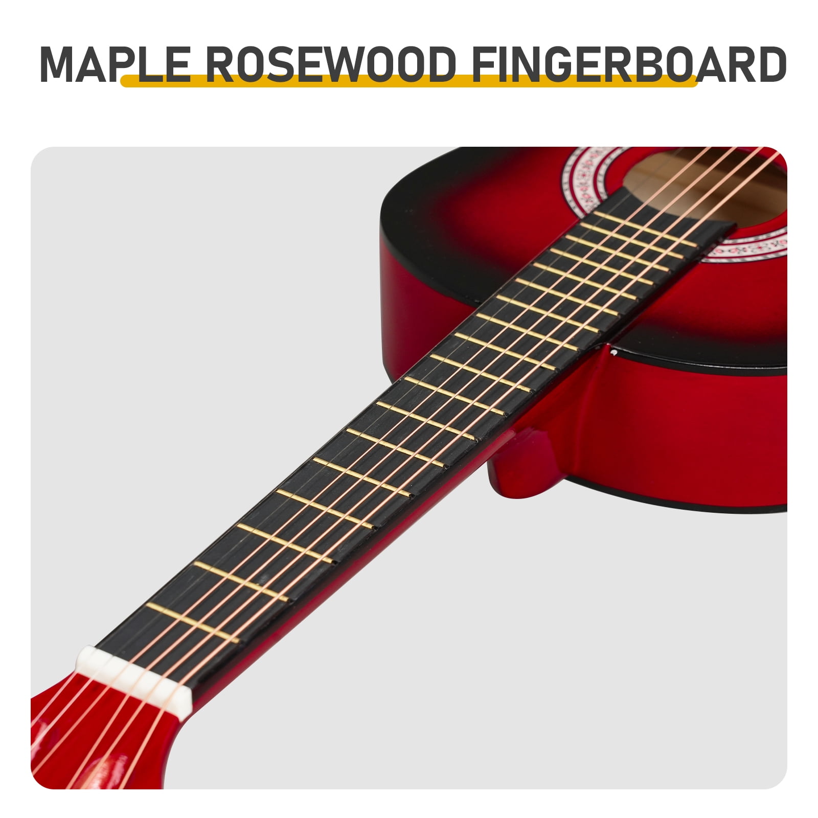 Turn red 30-inch Round Acoustic Guitar with Picks, Strings, Capo, Case, Tuner, and Strap