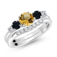 thumbnail image 2 of Gem Stone King 10K White Gold Yellow Citrine Black Onyx and White Lab Grown Diamond 5 Stone Bridal Engagement Wedding Ring Set for Women (1.03 Cttw, Round: 5MM and 3MM, Size 9), 2 of 6