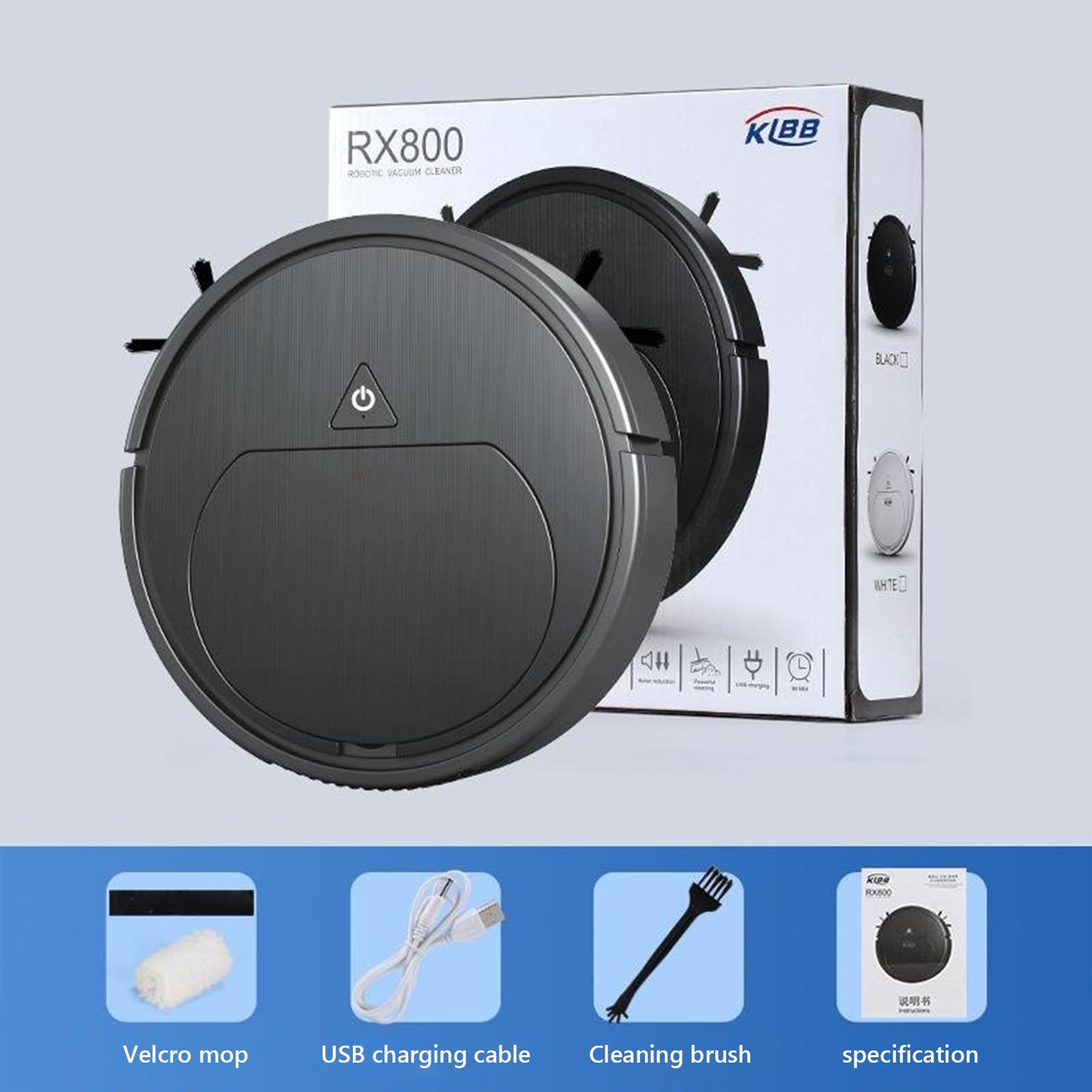 Ultra-Thin 60mm Robot Vacuum Cleaner and Mop, 1200Pa Strong Suction, Rechargeable, Quiet 40dB, Auto-Cleaning for Pet Hair, Hard Floors, Carpets, Under Furniture, Includes USB Cable