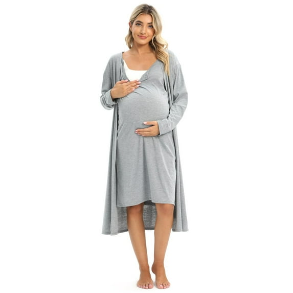 NewWay Women's Maternity 2 Piece Pajama Set Breastfeeding Button Down Nursing Nightgown and Robe Set Full Slips Sleepwear Dress Bathrobe