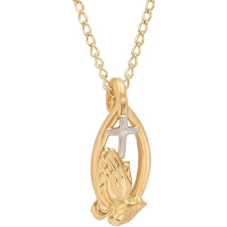 Praying Hands with Rhodium Cross Gold-Filled Oval Pendant, 16