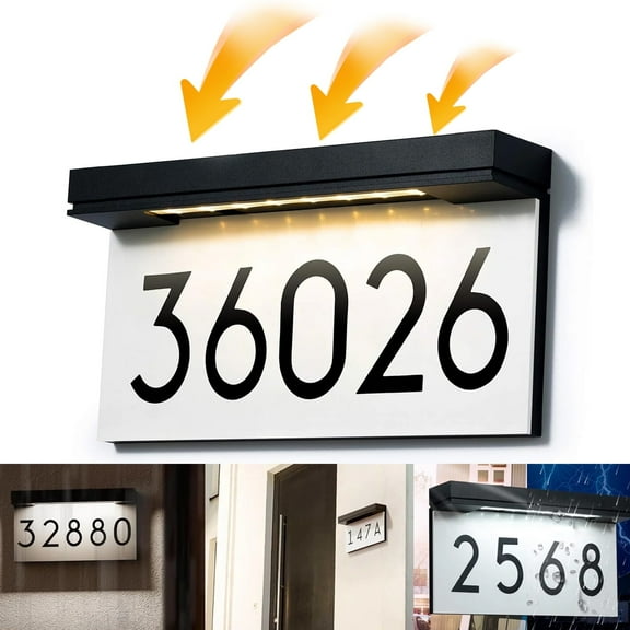 Solar Address Sign, Lighted Address Plaque Outdoor Waterproof, LED Illuminated Address Numbers, House Numbers for Outside, 2-Color Lighting Modes, Wall Mounted for Home Yard