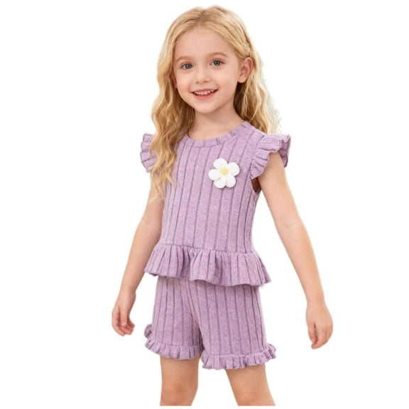 Juorvia Girls 2 Piece Outfits Lightweight Knitted Loose Fitted Ruffle Crew Neck Tees Elastic Waist Shorts(2-3 Years,Purple)