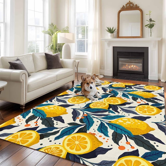 5'x8' Area Rugs, Summer Lemon Indoor Outdoor Area Rug for Living Room Bedroom, Yellow Fruit Country Style Palm Leaves Washable Bathroom Rugs Kitchen Floor Carpet Mats Home Decor Aesthetic