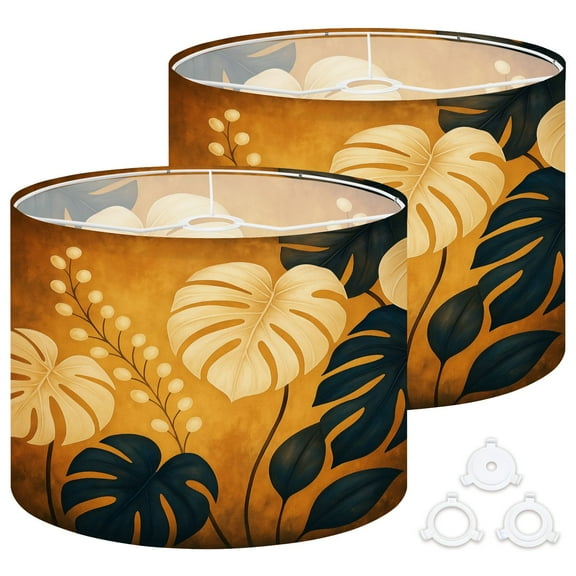 Lamp Shades Set of 2 Easy Assembly Black Golden Tropical Plants Leaf Modern Elegant Leaves Botanical Drum Lampshades for Table Lamps Floor Lamps Pendant Light 13"x13"x10" Replacement Lamp Shade