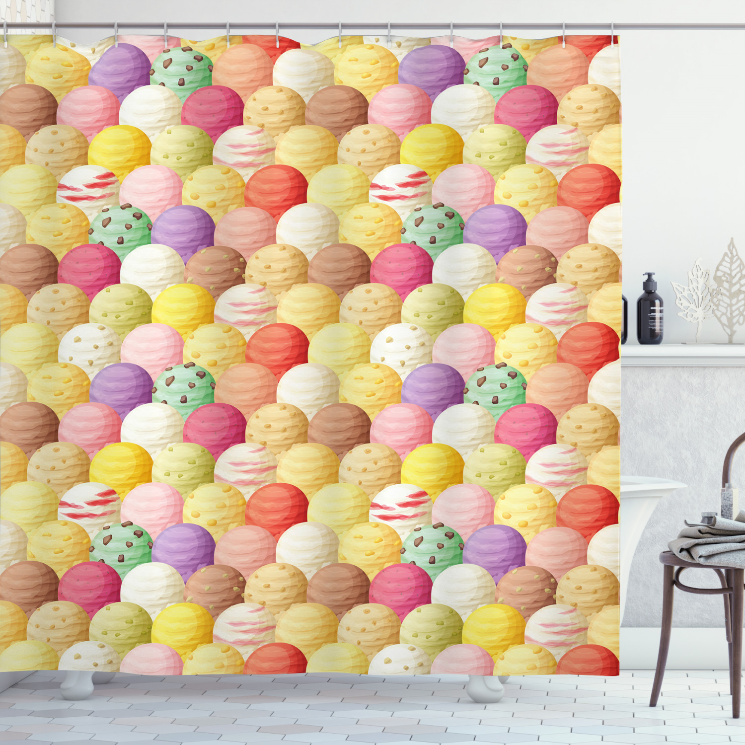 Ice Cream Shower Curtain, Circular Shapes with Several Ice Cream