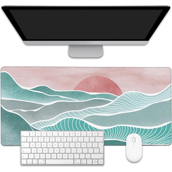 Ocean Wave and Mountain Large Gaming Mouse Pad,Waterproof Desk Mat for Desktop,Non-Slip Rubber Base Mousepad with Stitched Edges for Laptop Office and Home 35.4X15.7 Inch