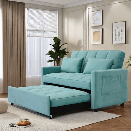 Magik 3 in 1 Convertible Sleeper Sofa Bed, Modern Fabric Loveseat Futon Sofa Couch w/Pullout Bed, Small Love Seat Lounge Sofa w/Reclining Backrest, Furniture for Living Room, Light Blue