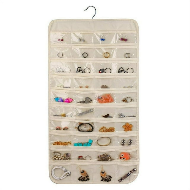 Hanging Jewelry Organizer With 80 Pockets Dual Sizes Non Woven Holder Accessory Display with Hanger Metal