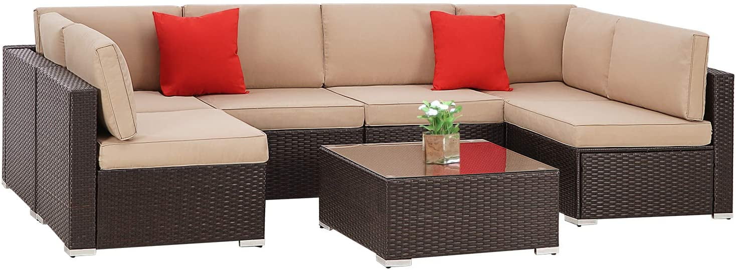 SUNCROWN Outdoor Patio Furniture 7-Piece Sofa Set Black Brown Wicker, Washable Seat Cushions with YKK Zippers and Modern Glass Coffee Table (Brown Cushion)