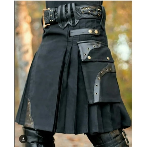 Mens Real Black &amp; Red Leather Gladiator Kilt with Flat Front Panels Scottish Kilts Utility